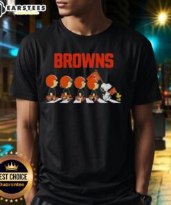 Top Cleveland Browns X Peanuts Snoopy and Friends Abbey Road T-Shirt featuring iconic characters in a fun design.
