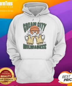 Cozy Top Cream City Milwaukee Hoodie displayed on a hanger, showcasing its stylish design and vibrant city-themed graphics.