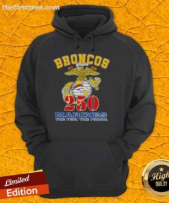 Top Denver Broncos X U.S.M.C 250th Birthday Celebration hoodie featuring team colors and commemorative design.