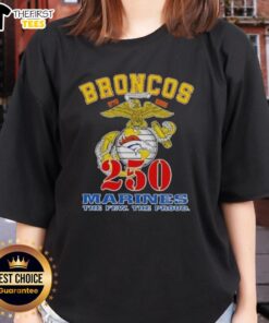 Top Denver Broncos X U.S.M.C 250th Birthday Celebration ladies tee showcasing vibrant team colors and festive design.