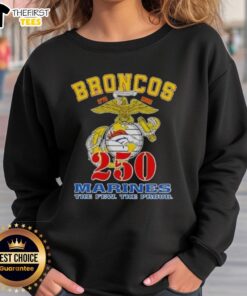 Top Denver Broncos X U.S.M.C 250th Birthday Celebration Sweatshirt featuring vibrant colors and unique design elements.