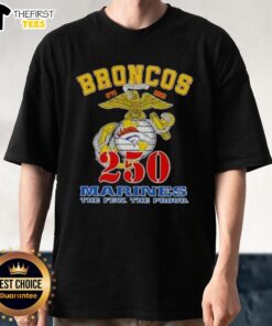 Top Denver Broncos X U.S.M.C 250th Birthday Celebration T-Shirt featuring vibrant team colors and commemorative design.