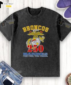 Top Denver Broncos X U.S.M.C 250th Birthday Celebration washed t-shirt featuring bold graphics and a vintage style.