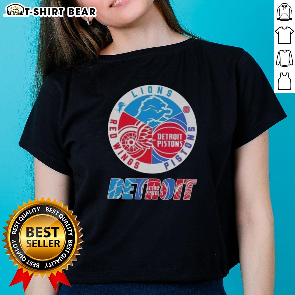 Top Detroit City Sports Lions Pistons Red Wings Logo Ladies Tee Alt Text: Top Detroit City Sports ladies tee featuring logos of Lions, Pistons, and Red Wings for sports fans.