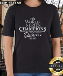 Alt Text: 2025 World Series Champions Los Angeles Dodgers B2B ladies tee featuring team logo and stylish design for fans.
