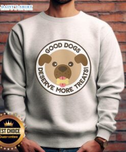 Cozy 'Top Dogs Deserve More Treats' sweatshirt featuring a playful dog graphic, perfect for dog lovers and pet enthusiasts.