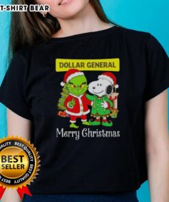 Top Dollar General X Grinch and Snoopy Merry Christmas ladies tee featuring festive graphics and vibrant colors.