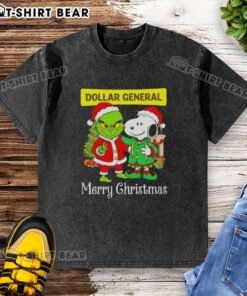 Alt Text: Top Dollar General X Grinch and Snoopy Merry Christmas washed t-shirt featuring festive graphics and colors.
