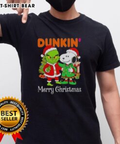 Alt Text: Top Dunkin Donuts X Grinch and Snoopy Merry Christmas T-Shirt featuring festive designs for holiday cheer.