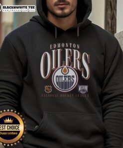 Vintage Edmonton Oilers crease hoodie showcasing team colors and logo, perfect for hockey fans and collectors.