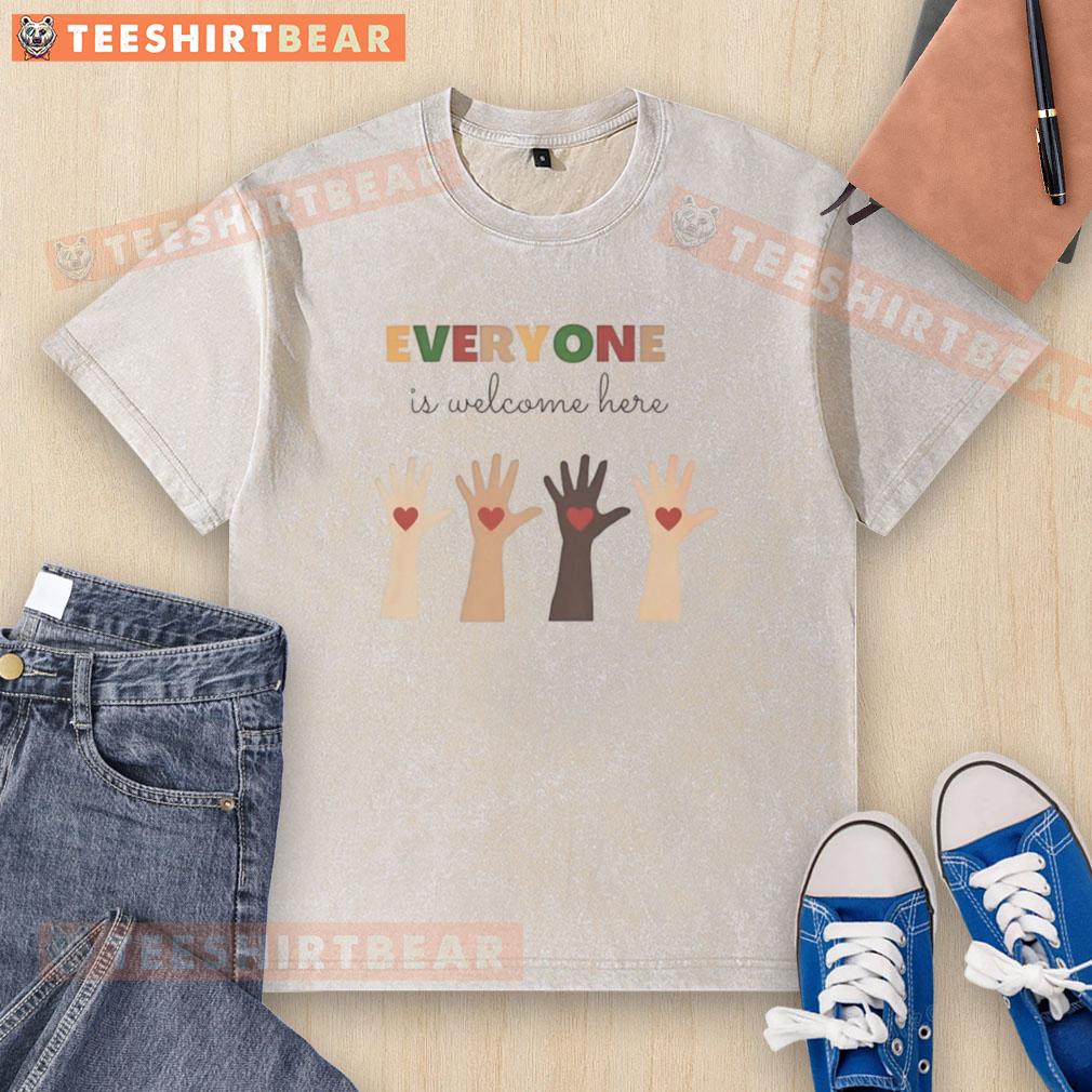 top-everyone-is-welcome-here-washed-t-shirt Top Everyone Is Welcome Here washed t-shirt in vibrant colors, promoting inclusivity and comfort for all wearers.