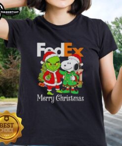 Top FedEx x Grinch and Snoopy Merry Christmas ladies tee featuring festive graphics and playful design for the holiday season.