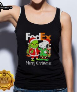 Alt Text: Top FedEx x Grinch and Snoopy Merry Christmas tank top featuring festive designs for holiday celebrations.