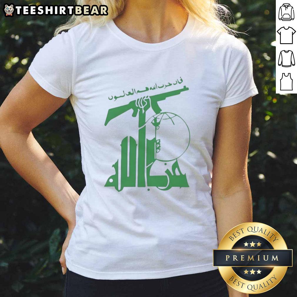 top-flag-of-hezbollah-holding-rifle-ladies-tee Hezbollah flag design on a ladies tee featuring a woman holding a rifle, perfect for fans of Hezbollah apparel.