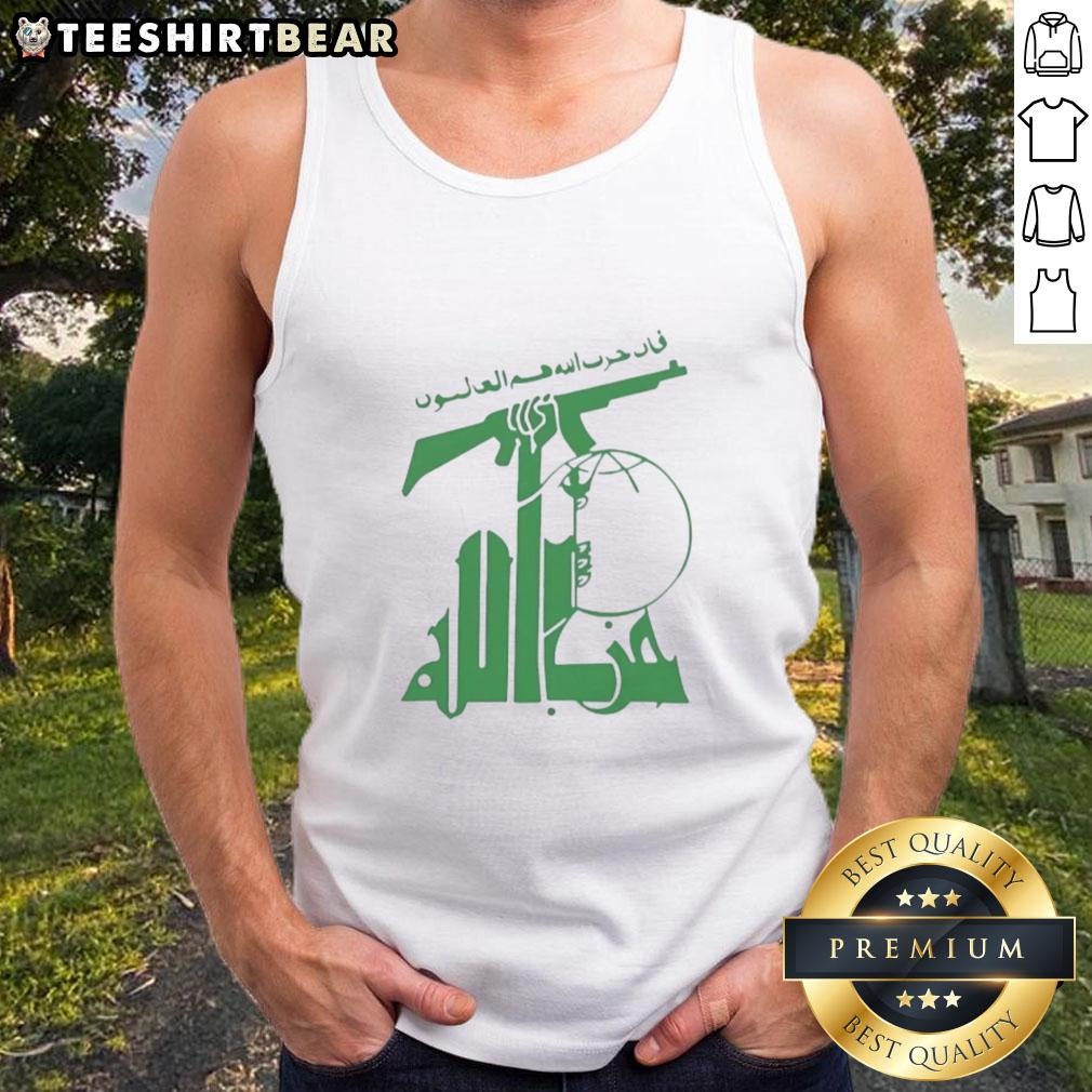 top-flag-of-hezbollah-holding-rifle-tank-top Top flag of Hezbollah with a soldier holding a rifle on a tank top, symbolizing military strength and identity.