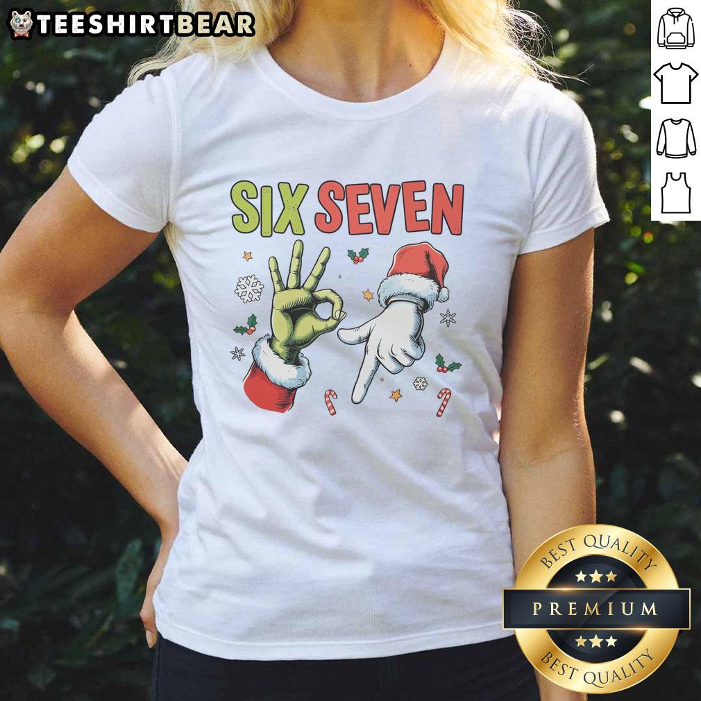 top-funny-christmas-six-seven-67-meme-ladies-tee Alt Text: Funny Christmas meme tee for ladies featuring the number 67, perfect for holiday gatherings and festive cheer.