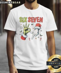 Funny Christmas Six Seven 67 meme T-shirt design featuring humorous graphics for holiday cheer and festive spirit.