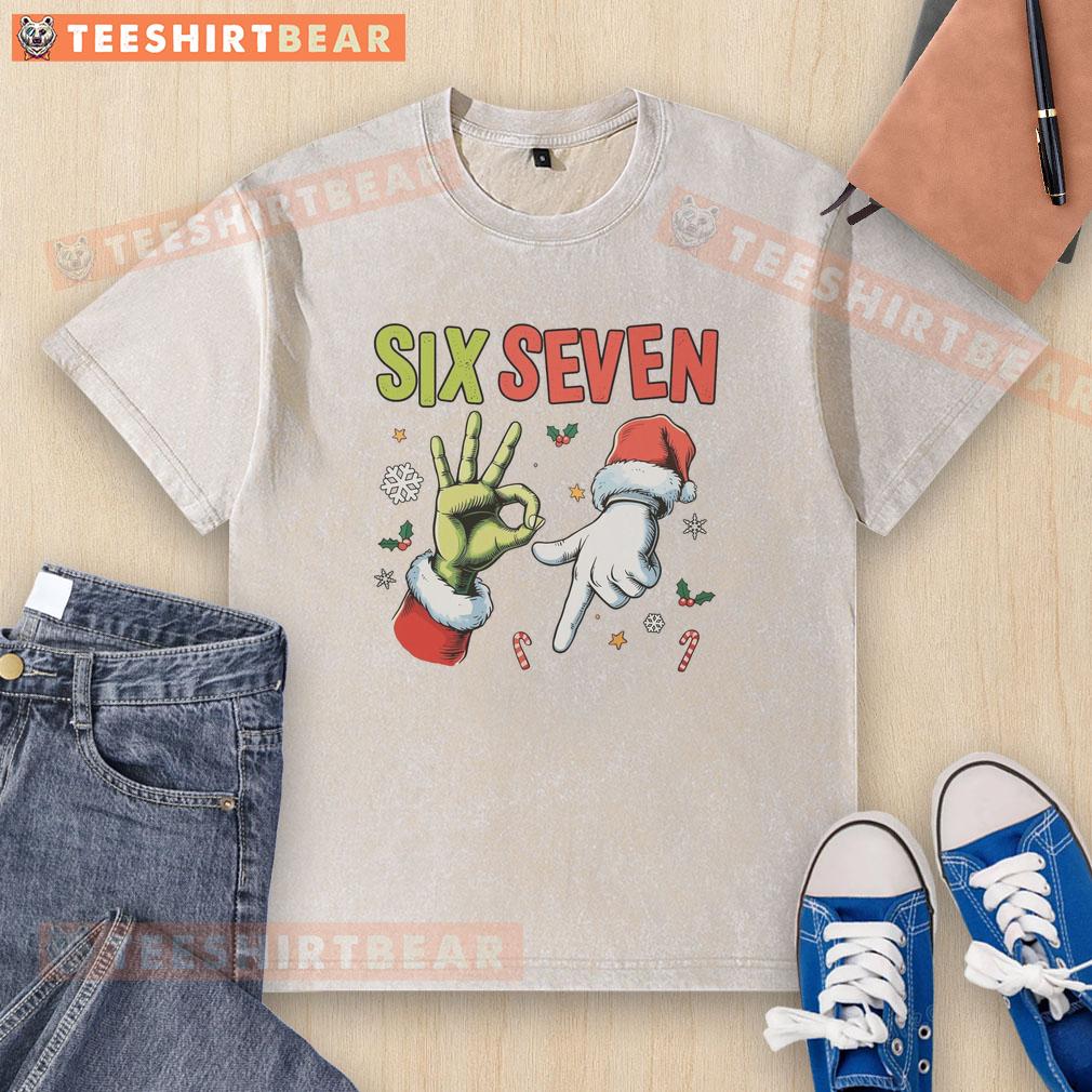 top-funny-christmas-six-seven-67-meme-washed-t-shirt Funny Christmas meme t-shirt featuring the number 67, perfect for holiday humor and festive celebrations.