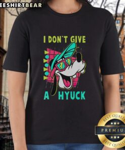 Alt Text: Retro 90s ladies tee featuring 'Top Goofy I Don't Give A Hyuck' graphic design, perfect for fun casual wear.