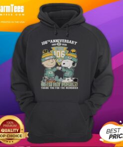 Green Bay Packers hoodie featuring Snoopy and Charlie Brown, celebrating 106th anniversary (1920-2026).