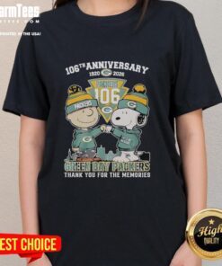 Top Green Bay Packers outfit featuring Snoopy and Charlie Brown, celebrating 106th anniversary 1920-2026, ladies tee.