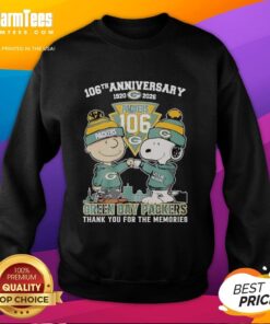 Top Green Bay Packers outfit featuring Snoopy and Charlie Brown sweatshirt for the 106th anniversary (1920-2026).