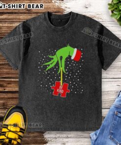 Top Grinch Hand Be Kind Puzzle Autism Awareness Christmas T-Shirt in a washed finish, perfect for festive celebrations.