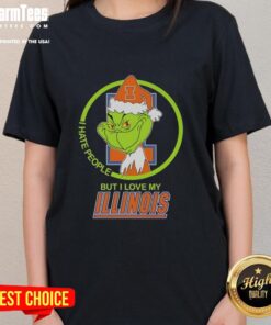 Alt Text: Top Grinch 'I Hate People But I Love My Illinois Fighting Illini' ladies tee featuring festive design and vibrant colors.