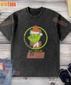 Top Grinch I Hate People but I Love My Illinois Fighting Illini washed t-shirt displayed on a hanger.