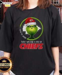 Alt Text: Top Grinch I Used To Smile Then I Became A Fan Of Chiefs Ladies Tee in festive red with playful graphic design.