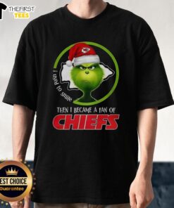 Alt Text: Top Grinch I Used To Smile Then I Became A Fan Of Chiefs T-Shirt design featuring Grinch and Chiefs logo.