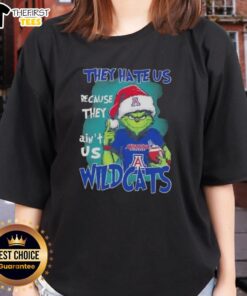 Arizona Wildcats Christmas ladies tee featuring 'Top Grinch They Hate Us Because They Ain't Us' design for festive fans.