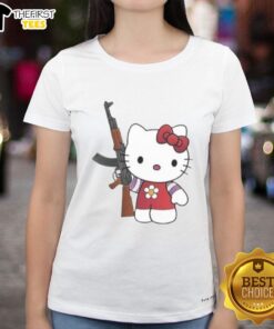 Top Hello Kitty AK-47 Ladies Tee featuring a stylish graphic design for fans of unique and trendy women's apparel.