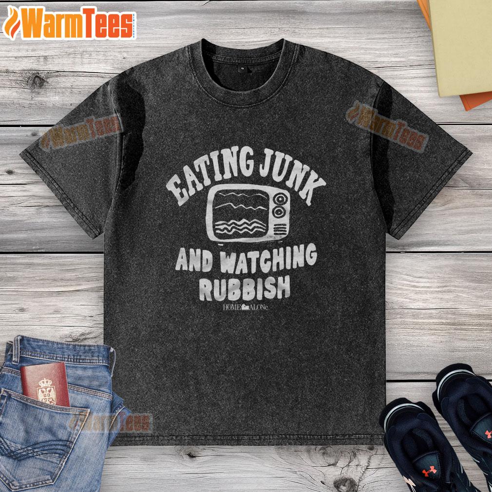 top-home-alone-eating-junk-and-watching-rubbish-washed-t-shirt Person in a 'Home Alone' washed t-shirt enjoying junk food while watching TV, embodying the perfect relaxed night in.