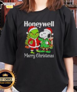 Alt Text: Top Honeywell X Grinch and Snoopy Merry Christmas ladies tee featuring festive graphic design for holiday celebrations.