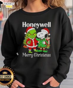 Top Honeywell X Grinch and Snoopy Merry Christmas sweatshirt featuring festive designs for holiday cheer.