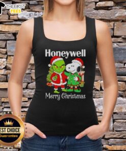Top Honeywell X Grinch and Snoopy Merry Christmas tank top featuring festive designs for holiday cheer.