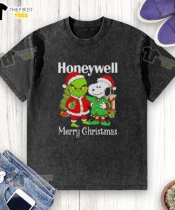 Top Honeywell X Grinch and Snoopy Merry Christmas washed t-shirt featuring festive designs for holiday cheer.