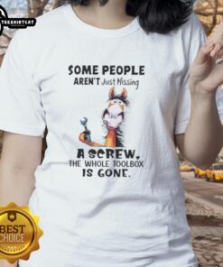 Funny ladies' tee featuring a horse design and the phrase about missing a toolbox, perfect for horse lovers.