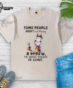Funny washed t-shirt featuring a horse graphic and the phrase about missing a toolbox, perfect for humor lovers.