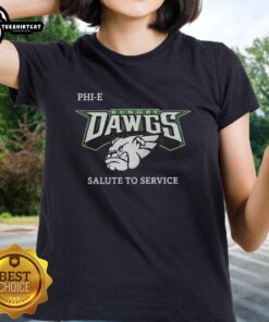 Alt Text: Top Hungry Dawgs Salute to Service logo on a stylish ladies tee, perfect for honoring service members.