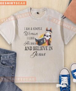 Simple woman T-shirt featuring 'I like horses and believe in Jesus' text, perfect for casual wear and Christian lifestyle.
