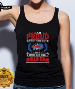 Buffalo Bills fan wearing a tank top with 'Proud of Many Things, But Nothing Beats Being a Buffalo Bills Fan' slogan.