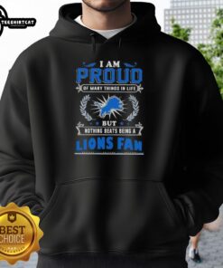 Detroit Lions fan hoodie showcasing pride with the phrase 'I Am Proud Of Many Things In Life' in bold lettering.
