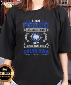Alt Text: Indianapolis Colts fan ladies tee celebrating pride in being a Colts supporter with vibrant design and team colors.