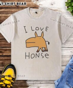 Trendy washed T-shirt featuring the popular 'I Love Horse' meme, perfect for casual wear and meme lovers.