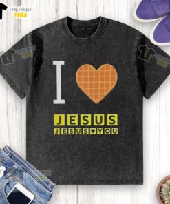 Alt Text: Top I Love Jesus and Jesus Loves You waffle heart washed t-shirt in soft fabric, perfect for casual faith-inspired wear.