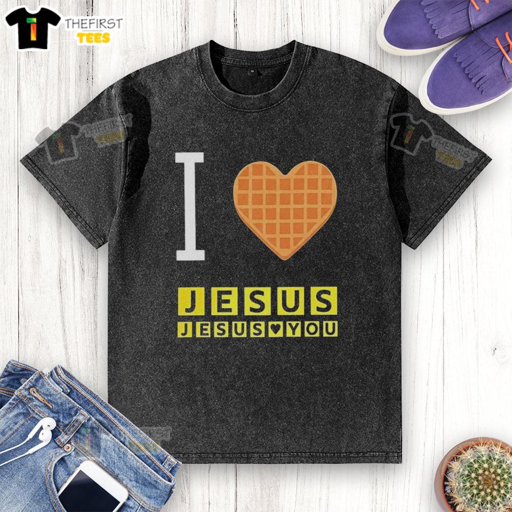 top-i-love-jesus-and-jesus-loves-you-waffle-heart-washed-t-shirt Alt Text: Top I Love Jesus and Jesus Loves You waffle heart washed t-shirt in soft fabric, perfect for casual faith-inspired wear.