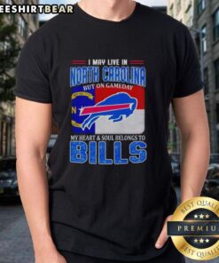 Alt Text: North Carolina fan wearing 'On Gameday My Heart and Soul Belongs to Bills' T-shirt, showcasing team spirit.