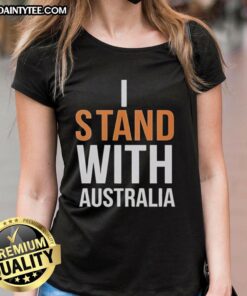 Women at Bondi Beach wearing 'Stand With Australia' tee, showcasing support and unity in a vibrant coastal setting.